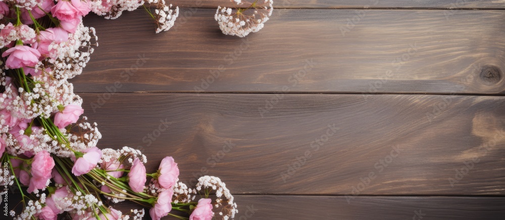 Fototapete vibrant flowers displayed on a wooden table, featuring a striking vase in the middle. with copy spac