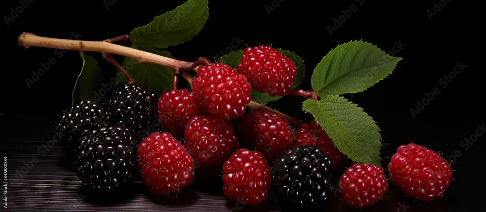 Poster A collection of fresh blackberries and raspberries neatly displayed on a tabletop. with copy space image. Place for adding text or design