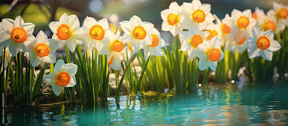 Leinwandbilder bright and delicate narcissus flowers in full bloom, emerging elegantly from the water in a serene g