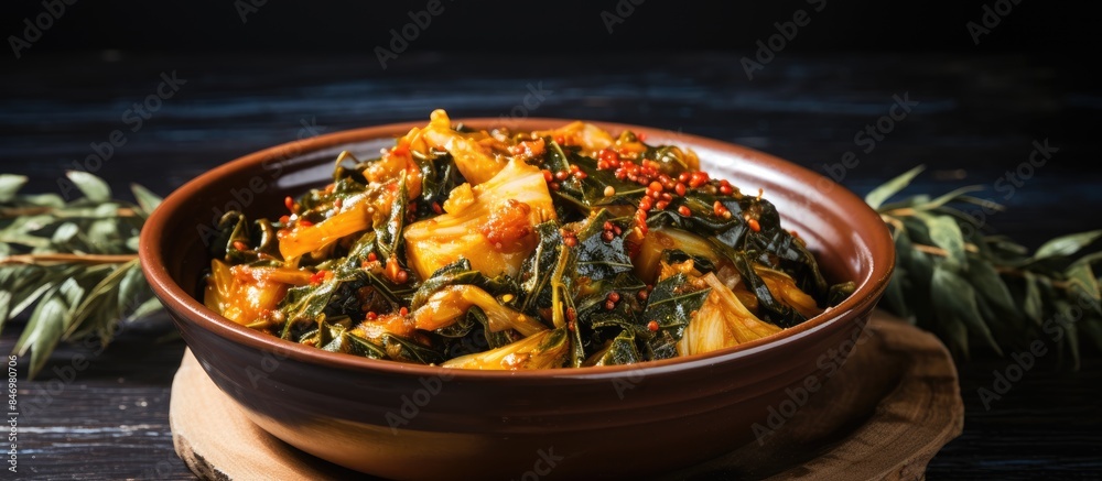 Poster close-up view of a bowl of food containing fresh greens and aromatic spices. with copy space image. 