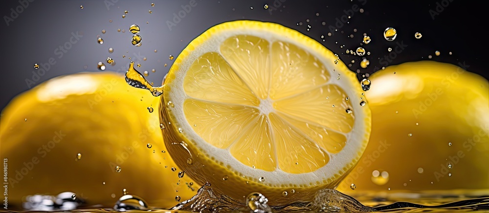 Leinwandbilder Macro shot of crushed lemon with lemonade in the background. with copy space image. Place for adding text or design
