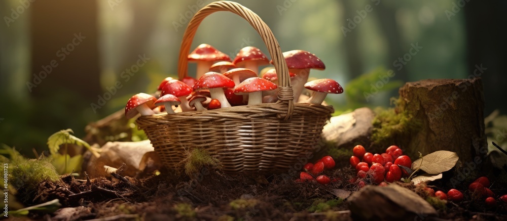 Fototapete rustic basket filled with assorted mushrooms set against a backdrop of woodland scenery. with copy s