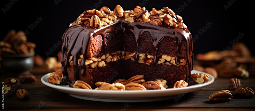 Fototapete Rich fudge frosting complemented by crunchy nuts on a luscious chocolate cake. with copy space image. Place for adding text or design
