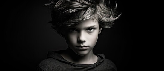 Portrait of a young boy with a slightly disheveled haircut, captured in black and white in a studio setting. with copy space image. Place for adding text or design