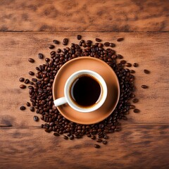 Naklejka premium Free photo a top view hot espresso with brown coffee seeds on the brown wooden desk coffee 