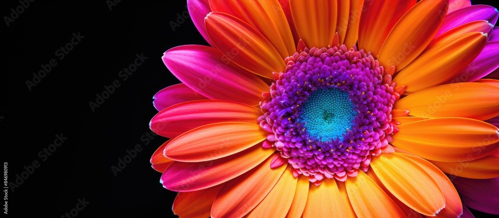 Poster Vibrant gerbera in close-up, showcasing its colorful petals against a striking black backdrop. with copy space image. Place for adding text or design