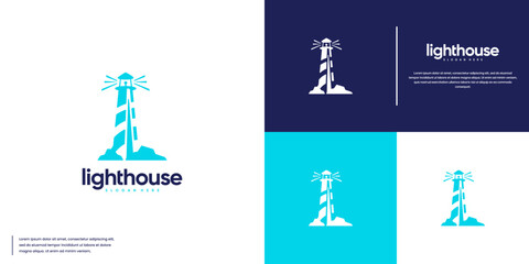 lighthouse logo with island rocks, beacon tower, logo design vector.