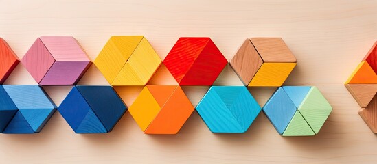 Close-up image of a wooden toy with vibrant colored geometric shapes for sensory integration therapy and Montessori child development. with copy space image. Place for adding text or design