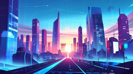 Futuristic cityscape at sunset with neon lights, tall skyscrapers, and a vibrant digital atmosphere.