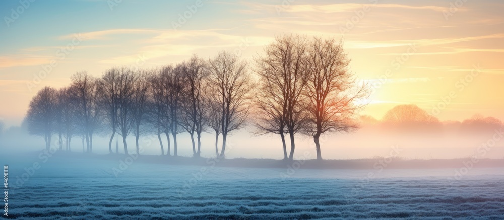Aufkleber Lush trees surrounded by mist on a tranquil countryside morning. with copy space image. Place for adding text or design