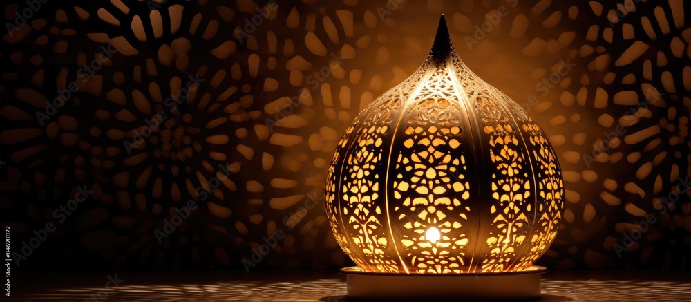 Aufkleber A close-up view of a stylish, modern oriental lamp featuring perforated golden shapes creating a unique design. with copy space image. Place for adding text or design