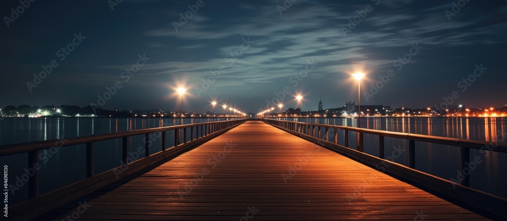 Poster lights from a wooden pier illuminate the dark night over a serene lake. with copy space image. place