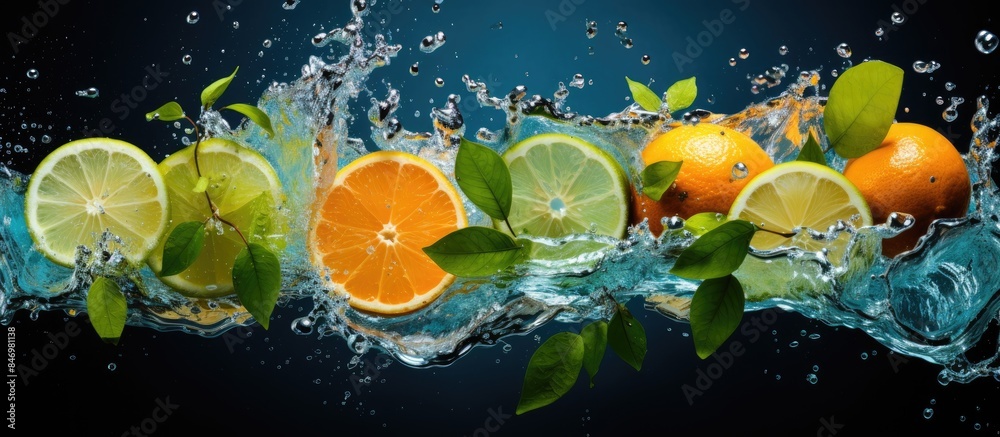 Poster oranges and limes make a refreshing splash as they fall into the water, perfect for a summer drink w