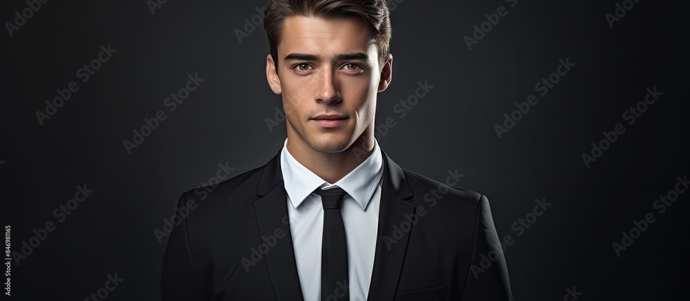 Poster young businessman in a suit and tie stands for a photo, isolated on a dark background. with copy spa