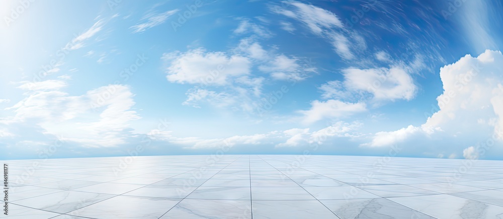 Poster marble flooring brightly lit with a blue sky and fluffy white clouds in the background. with copy sp