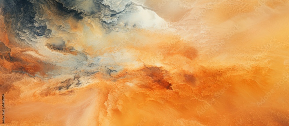 Poster vibrant hues of orange and blue blend together in an abstract painting of a cloud formation. with co