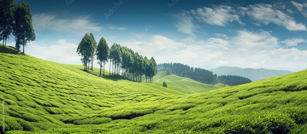 Poster tea plantation extending along hills with towering trees in the picturesque cameron highlands of aus