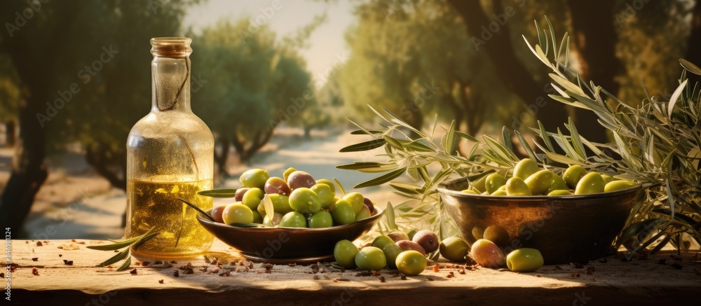 Aufkleber green olives and olive oil displayed on a table in the midst of an olive grove with trees in the bac