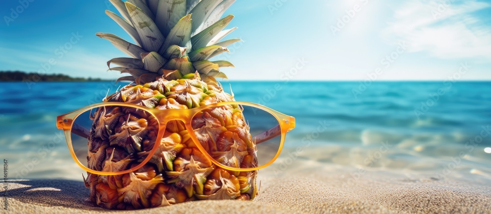 Aufkleber ripe pineapple in cool sunglasses resting on sandy beach near ocean, embodying tropical vacation vib
