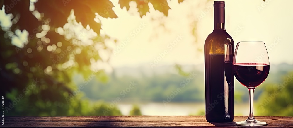 Poster a detailed view of a wine bottle and glass placed on a table surface. the bottle label and glass rim