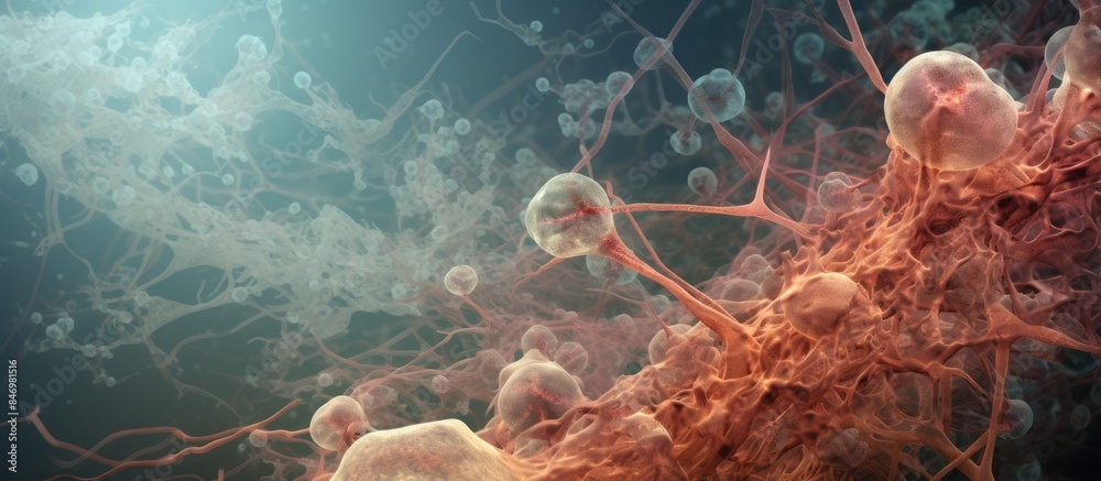 Poster Microscopic view of a cluster of cells showing cellular structure, suitable for studying genetic disorders and tumor formation in the nervous system. with copy space image