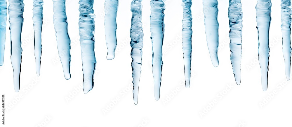 Fototapete multiple icicles hanging in a row, viewed up close, against a blurred background. with copy space im