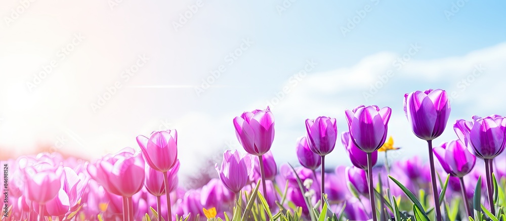 Poster purple tulip flowers bathed in the sun's rays with a serene blue sky in the background, capturing th