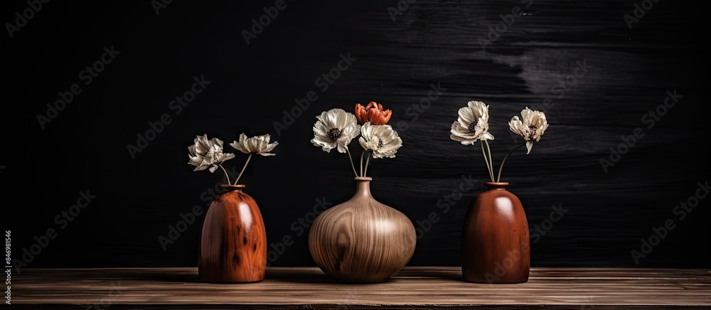 Fototapete wooden table displaying three lovely vases filled with beautiful flowers in a dimly lit room. with c