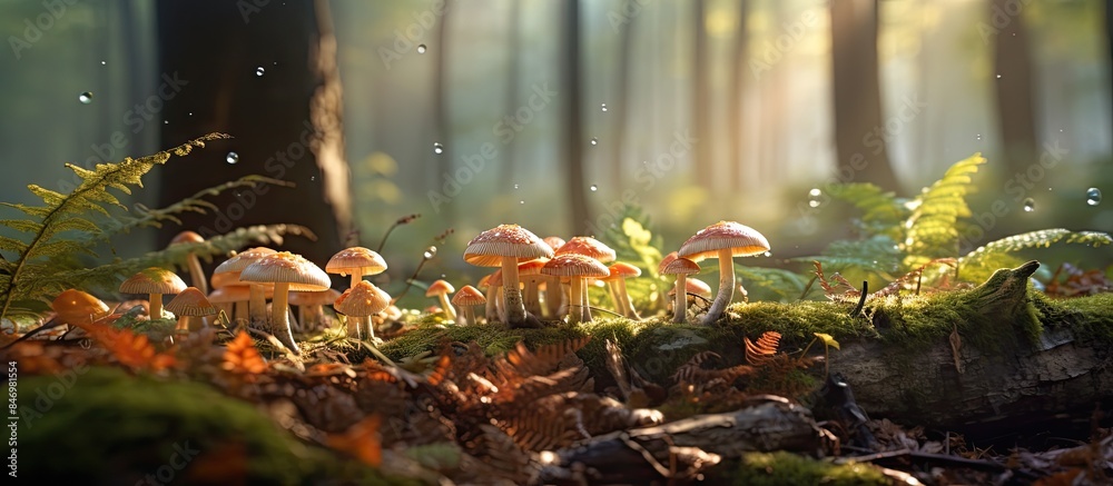 Poster Mushrooms in the forest basking in sunlight filtering through the trees' canopy, creating a serene natural scene. with copy space image. Place for adding text or design