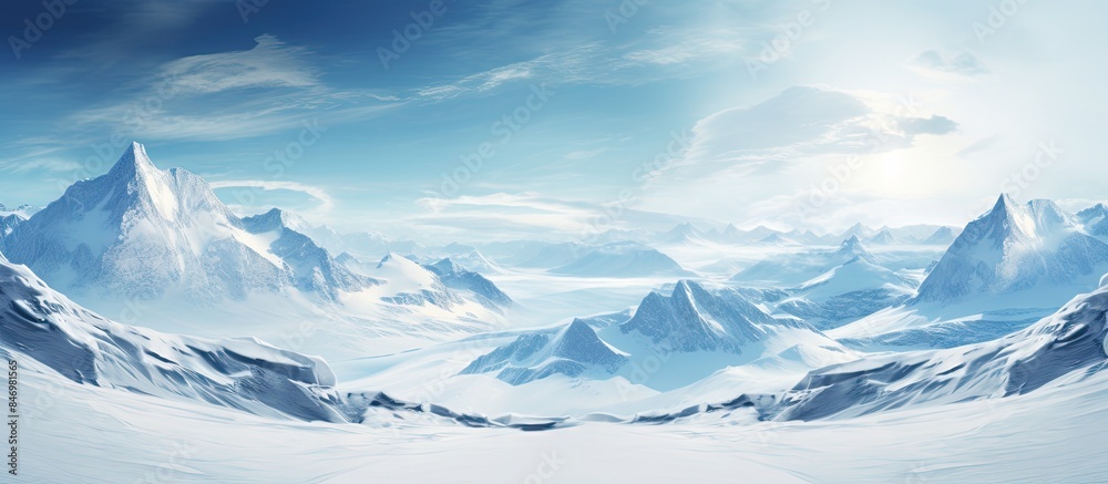 Poster snow-covered mountain range with fresh powder snow against a backdrop of clear blue sky. with copy s