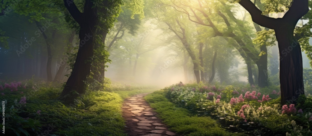 Poster The winding trail meanders through a misty spring forest, adorned with colorful blooming flowers and lush trees. with copy space image. Place for adding text or design