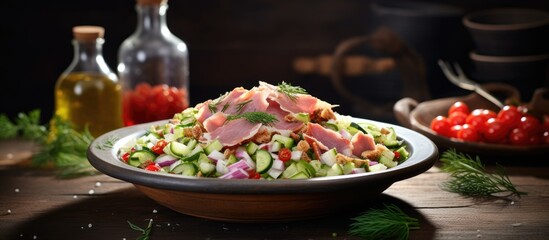Delicious salad featuring ham, fresh vegetables, and pine nuts, adding a spicy kick to the dish. with copy space image. Place for adding text or design