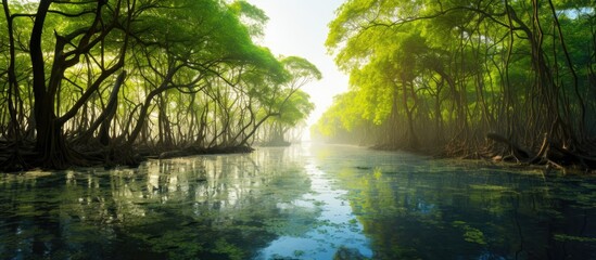 Obraz premium Sun rays filtering through lush tree foliage along a tranquil river, creating a picturesque scene in Pak Nam Prasae Mangrove Forest. with copy space image. Place for adding text or design