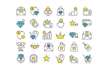 Customer loyalty program line icon set. Star, money, order, piggy bank, cup, letter, credit card, coupon, wallet, doubling, rating, bag, location, box, gift bag vector