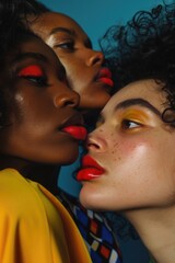 Fototapeta premium Three women with bright makeup and red lipstick posing together