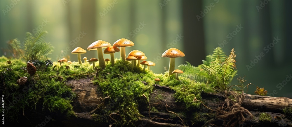 Poster Fungi sprouting from the decaying tree stump, surrounded by flourishing green moss. with copy space image. Place for adding text or design