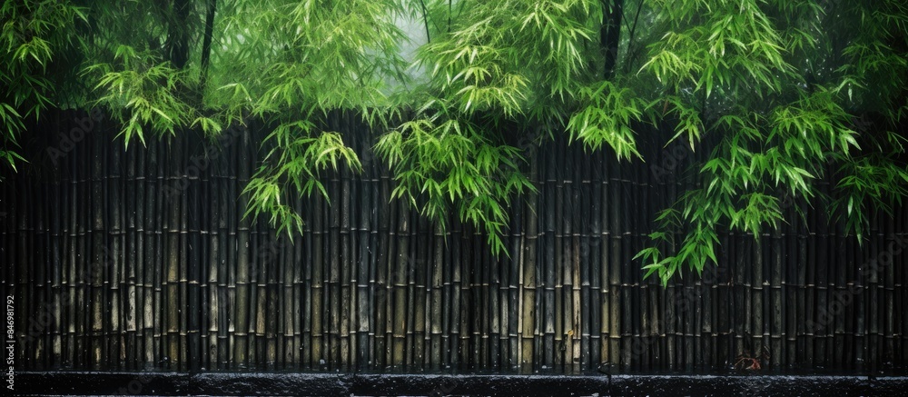 Poster fresh green leaves adorn a bamboo fence in a close-up view, showcasing the natural beauty of the set
