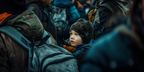 Woman frantically looks for lost child in crowded war zone evacuation. Concept Drama, War, Mother's Love, Crowded Scenes, Desperation