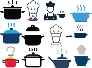 Chef icon set showing people cooking and kitchenware for restaurants-