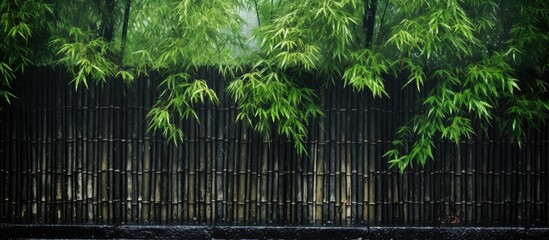 Fresh green leaves adorn a bamboo fence in a close-up view, showcasing the natural beauty of the setting. with copy space image. Place for adding text or design