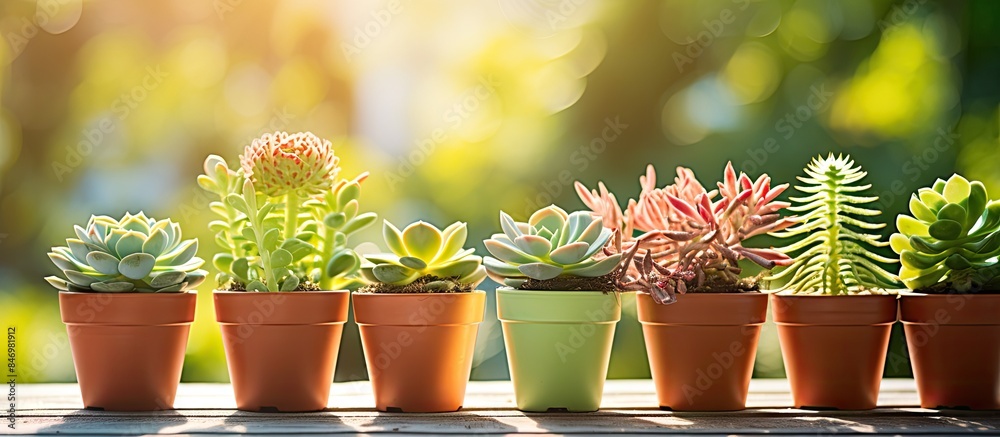 Poster assorted plants in different small pots displayed outdoors on a sunny patio garden. with copy space 