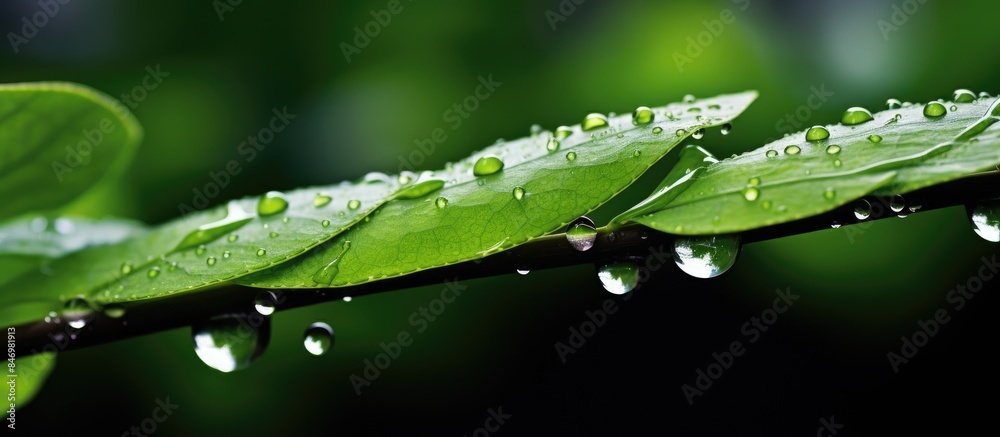 Aufkleber close-up view of raindrops on a green leaf, showcasing the beauty of nature's elements. with copy sp