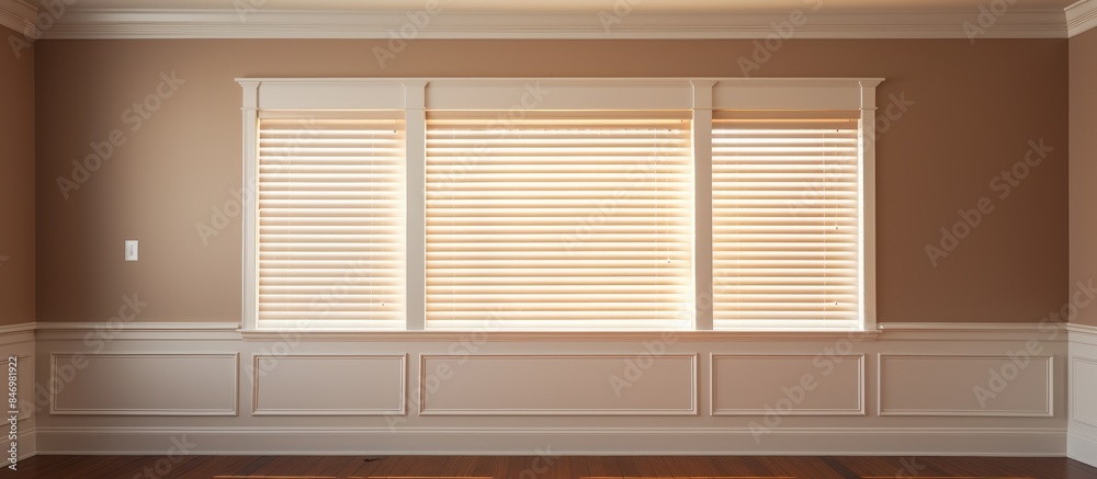 Poster An interior shot capturing the new blinds installation and freshly painted crown moulding in a room setting. with copy space image. Place for adding text or design