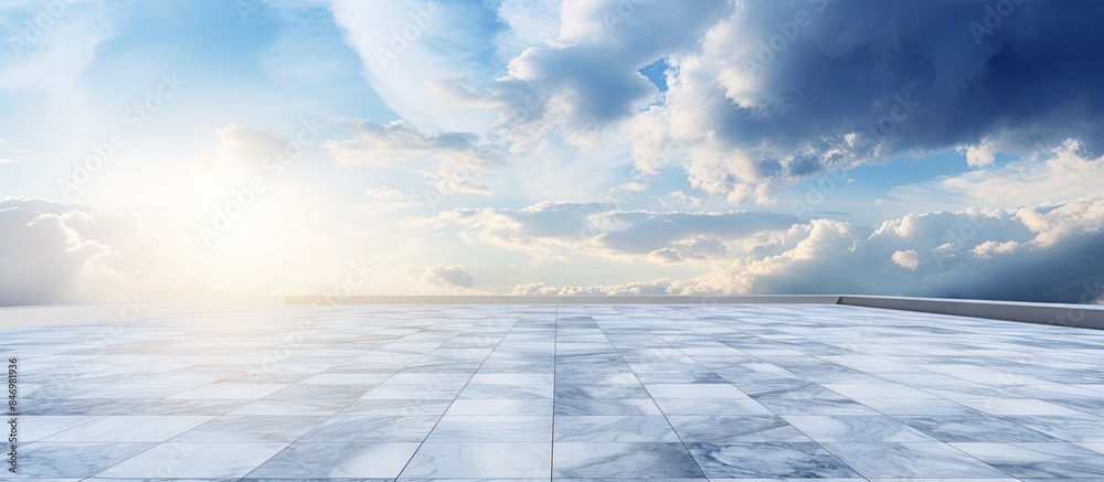 Fototapete Marble flooring illuminated by backlight against a backdrop of blue sky and white clouds. with copy space image. Place for adding text or design