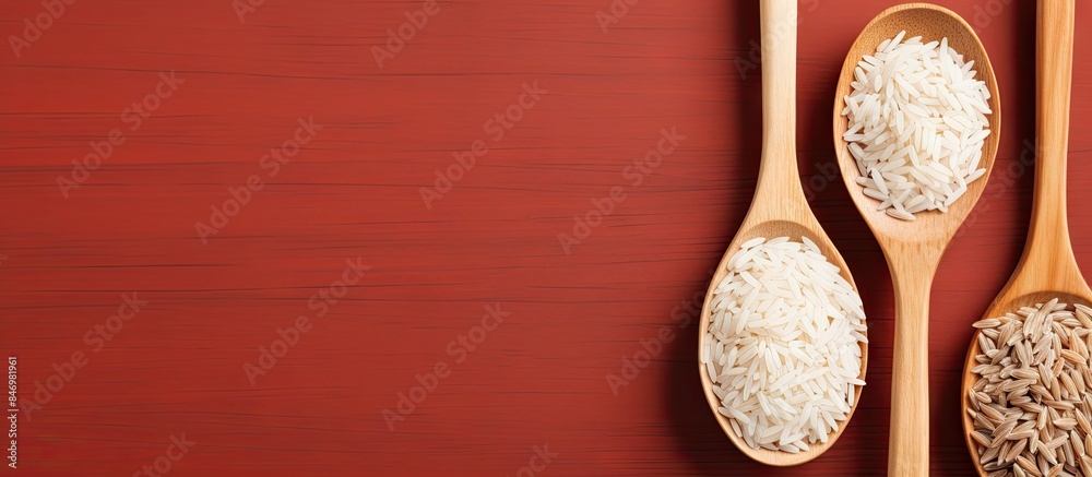 Aufkleber wooden spoons containing grains of rice placed on a vibrant red table surface. with copy space image