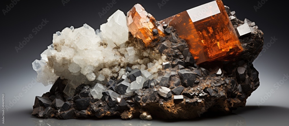 Poster cluster of various crystals including manganese, manganite, quartz, and calcite on a rock surface. w