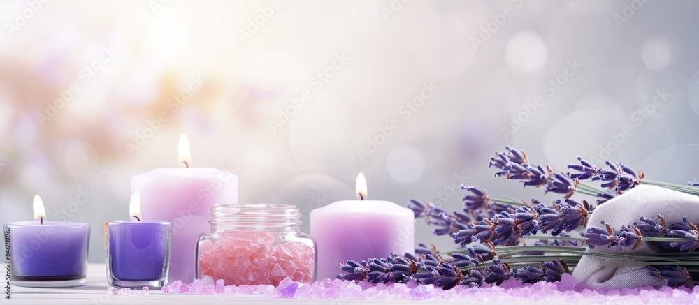 Poster Table decorated with lavender flowers and candles, set against a backdrop of snow, creating a serene spa and wellness setting. with copy space image. Place for adding text or design