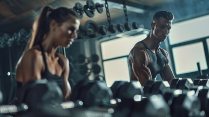 A couple works out together at a modern gym, surrounded by equipment and mirrors