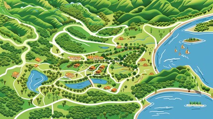 A vibrant illustrated map showcasing a scenic countryside with mountains, forests, rivers, lakes, and houses.