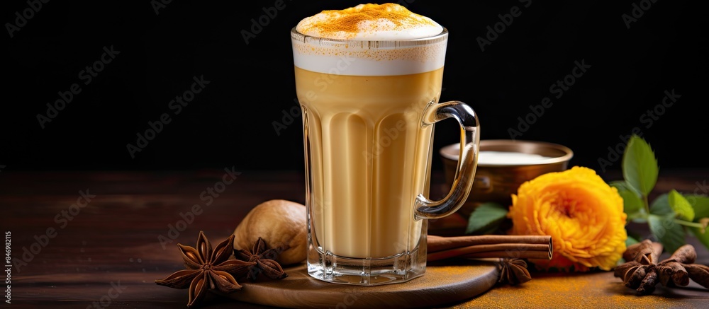 Fototapete Glass filled with coffee topped with frothy drink in a close-up view. with copy space image. Place for adding text or design